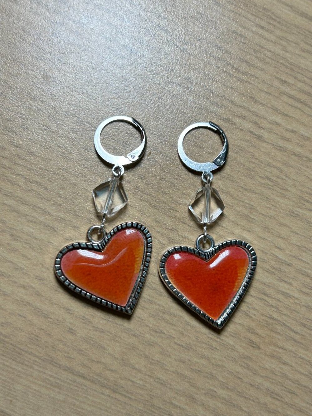 Handmade Sunset Orange Enamel Heart & Crystal Leverback Earrings